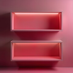 Poster - Modern minimalist pink shelf. Sleek design. Empty shelves against pink wall. Stylish interior decor. Stylish background. Pink wall with illuminated shelves. Simple, elegant design. Contemporary