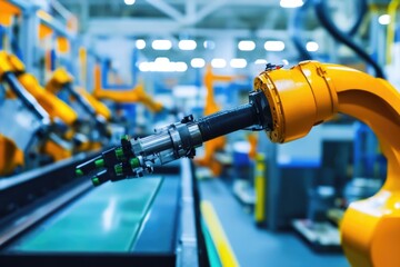Poster - A robotic arm moves along a conveyor belt in a industrial setting, suitable for use in manufacturing and industry-related projects