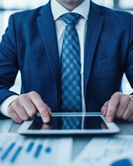 Poster - Business professional using a tablet for analysis and data review.