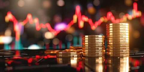 Poster - Stacks of coins with a vibrant financial graph background.