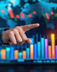 Poster - Hand pointing with vibrant data visualization on a digital screen.