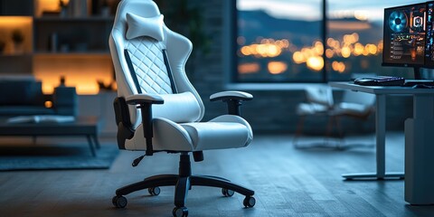 Poster - A single office chair placed before a television screen