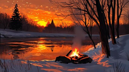 Wall Mural - warm fire illuminates a snowy riverside at sunset with vibrant sky and reflections in the water