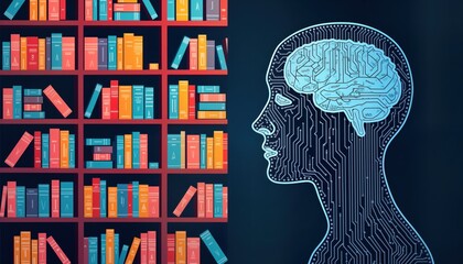 Poster - generative ai graphic shows traditional library with books, futuristic brain. knowledge, tech combin