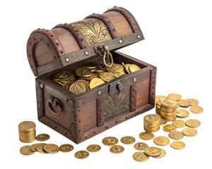 A treasure chest overflowing with gold coins, pirate style, transparent background