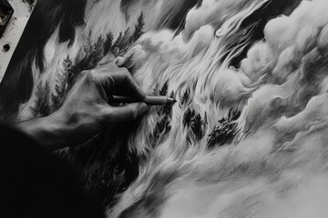 Poster - person drawing a wave on paper, illustration concept