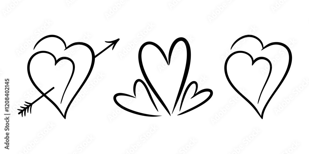Vector heart illustrations set in line art style. Graphic monochrome ...