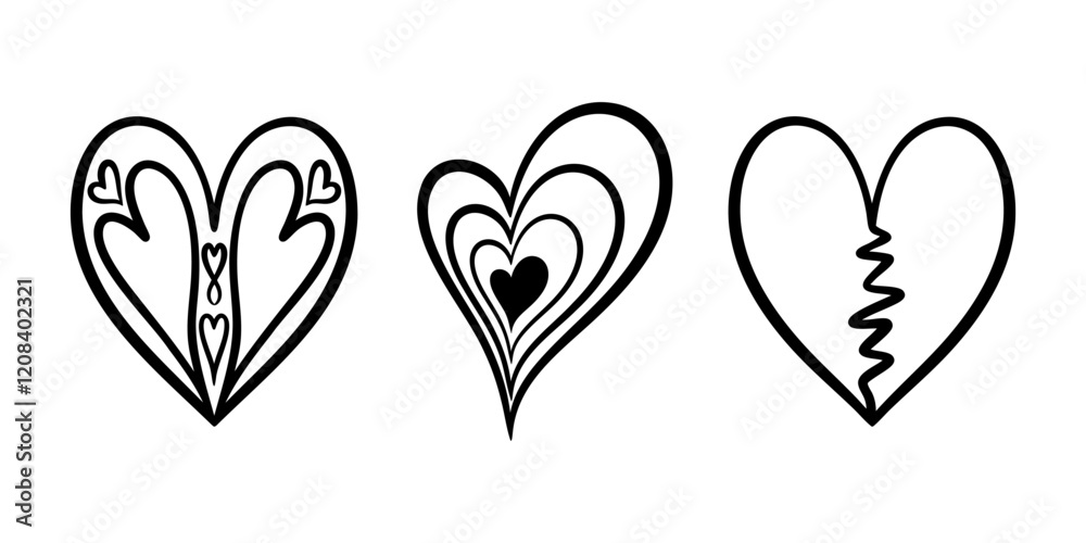 Vector heart illustrations set in line art style. Graphic monochrome ...