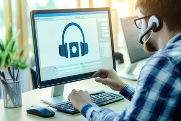 Poster - a person wearing headphones reviews information on a computer screen