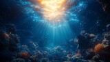 Sunbeams illuminate underwater coral reef scene.