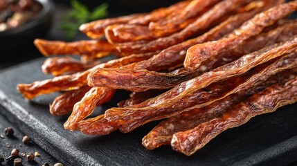 A slice of crispy bacon rests on a clean cutting board, ready for cooking or serving