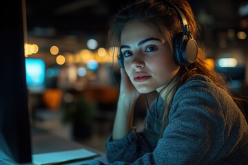 Poster - A woman sits in front of a computer, wearing headphones and focused on her work