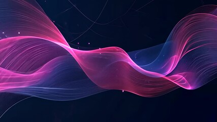 Poster - Video with a mesmerizing digital world with an abstract art piece showcasing overlapping waves of light in shades of light blue and pink against a dark blue backdrop. 