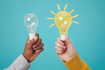 Poster - Two hands holding light bulbs against a blue background.