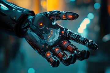 Poster - Metallic robotic hand with glowing elements against a blurred background at night