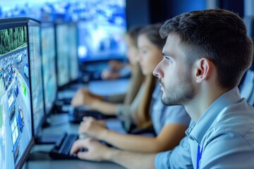 Poster - Group of people sitting at desks with laptops and monitors, possibly working or studying