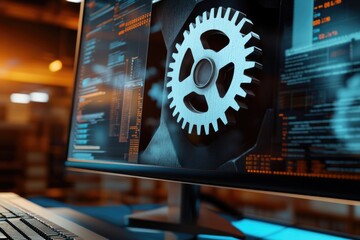 Poster - A gear wheel displayed on a computer monitor, suitable for illustrating technical or mechanical themes
