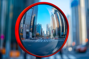 Canvas Print - Urban landscape reflected in convex traffic mirror