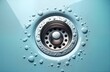 © Maryna - Close-up view of light-blue kitchen sink drain with water droplets. Polished stainless-steel drain highlighted by water droplets arranged around. Modern home decor. Cleanliness, hygiene in