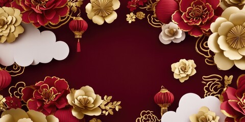 Poster - a vibrant red background featuring paper flowers and fluffy clouds, perfect for adding a pop of colo