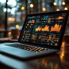 Poster - a laptop computer sitting on a wooden table, ideal for remote work or study
