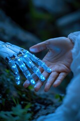 Sticker - A person grasping a futuristic robotic limb illuminated by bright blue LED lights, suitable for tech and innovation concepts