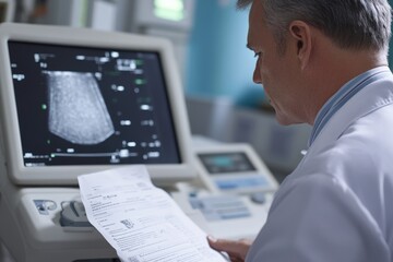 Poster - A scientist studying data on a computer screen