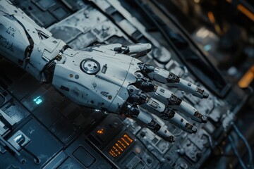 Poster - Robotic hand interacting with a futuristic control panel in a high-tech environment
