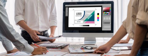 Poster - Graphic designer software for modern design of web page and commercial brisk ads showing on the computer screen
