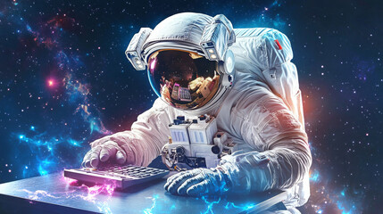 Poster - Astronaut engages in digital study of student work amidst cosmic backdrop