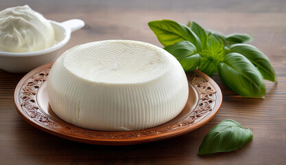 Wall Mural - Fresh Ricotta Cheese with Basil