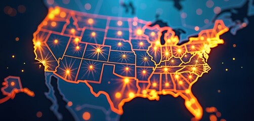 Poster - Digital map of USA. Glowing connections show tech links between states. Illustrates global connectivity, business tech. Modern graphic design with energy, fire effect. 3D style map background.