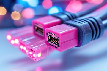 Poster - Two pink ethernet cables tied together, great for representing connection and unity