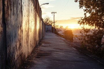 Wall Mural - A serene sunset scene with the sun hiding behind a wall alongside a road