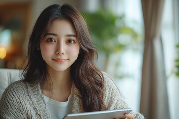 Poster - a woman sitting in a chair with a tablet computer, great for tech-related concepts or everyday life 