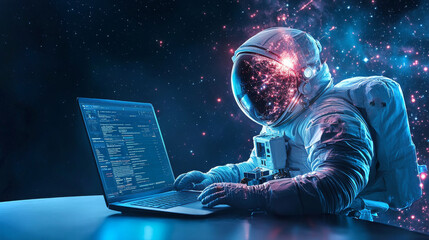 Poster - Astronaut explores procurement website in a cosmic setting amid stars and galaxies