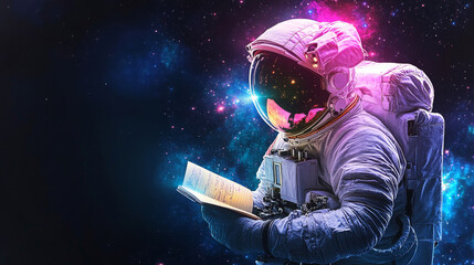 Poster - Astronaut closing a journal in space background with vibrant cosmic colors