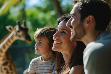 Wall Mural - A family of three, a man and two children, are smiling and looking at a giraffe