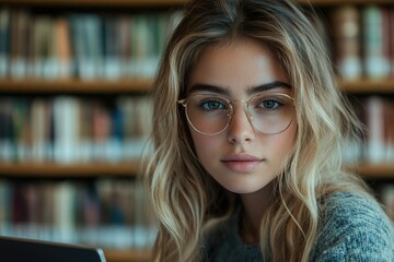 Poster - a woman wearing glasses sits in front of a laptop, focusing on the screen
