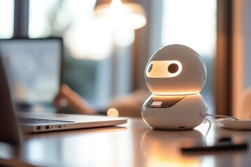 Poster - robot sitting beside laptop on a table, great for tech-related scenes or futuristic settings