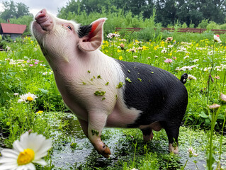 Pig on farm on summer day