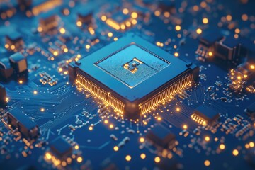Poster - a close-up view of a computer chip on a circuit board, perfect for technology-related concepts and p