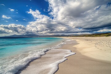 Wall Mural - A sandy beach scene with waves approaching the shore, ideal for ocean-themed projects or travel images