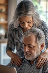 Poster - A woman helps a man troubleshoot his laptop issues, providing technical support and guidance