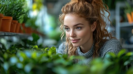 A woman carefully looks at the leaves of a plant in a pot, possibly considering its health or trying to identify its species