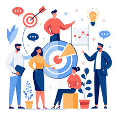 Poster - Group of professionals engages in discussion to develop strategies for improving sales performance. They utilize graphs and visual aids to enhance their planning efforts