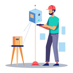 Poster - A technician utilizes a laser scanner to accurately measure dimensions in an indoor workspace, ensuring precision in the ongoing project. Safety gear is worn during the process