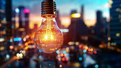 Poster - Stunning view of a glowing light bulb surrounded by a vibrant city skyline at dusk