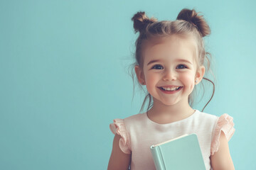 a young girl is smiling and holding a book