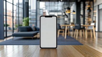 Poster - Modern workspace with empty smartphone on table highlighting minimalist design and natural light